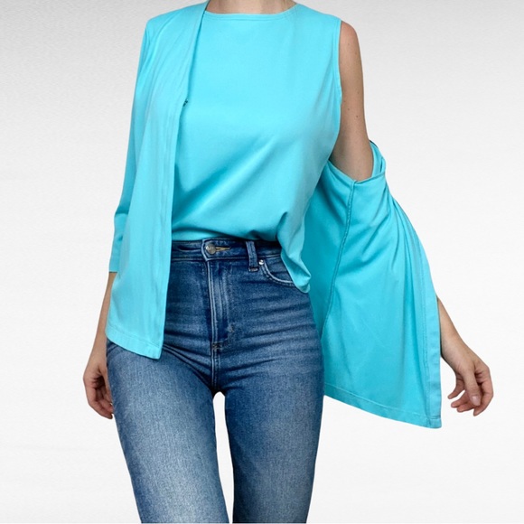 TTC 3pc Set Aqua Turquoise Open Front Cardigan Matching Striped/Solid Tank Tops - Picture 3 of 16